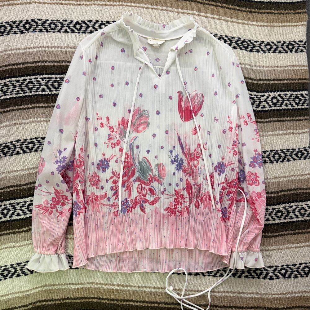 Women's Vintage 1970's Plaza Square Floral Sheer Pink Pleated Blouse Shirt XL